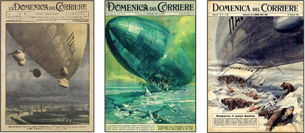 Fig. 2 : L’évolution de la représentation de l’expédition Italia dans La Domenica del Corriere en 1928, 1961 et 1964.